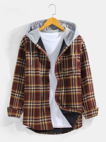 Men’s Plaid Thick Plush Lined Warm Hooded Shirt Jacket With Pocket