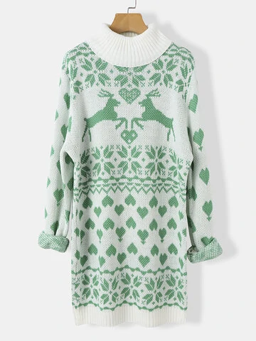 Plus Size Christmas Pattern High Neck Knitted Print Dress