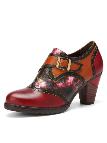 Socofy Hand Made Floral Genuine Leather Heels