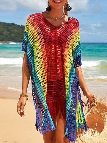 Hit Color Crochet Tassel Hem Swimwear