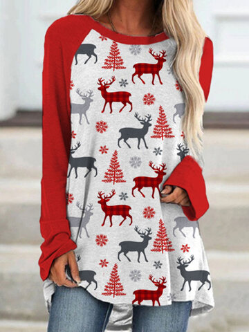 Christmas Elks Print O-neck T-shirt