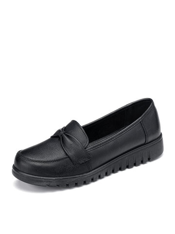 Bow Decor Soft Comfy Slip On Black Loafers