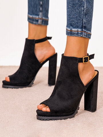 Fashion Buckle Black Heeled Sandals