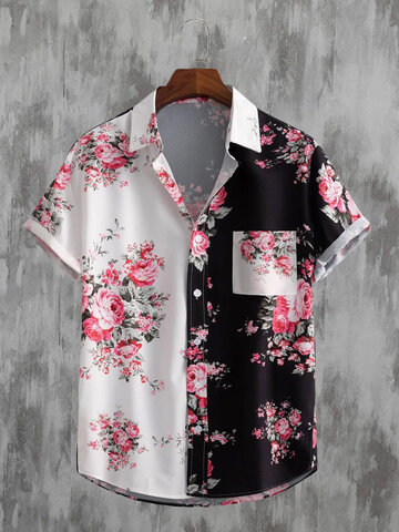 Camisas casuais com estampa floral patchwork lapela gola