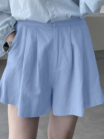 Women Solid Pleated Pocket Casual Wide Leg Shorts 