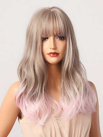 Gray-Pink Mid-length Wavy Curly Synthetic Wig