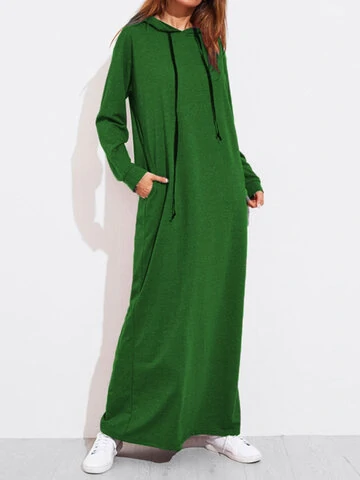 Solid Color Casual Hooded Maxi Dress
