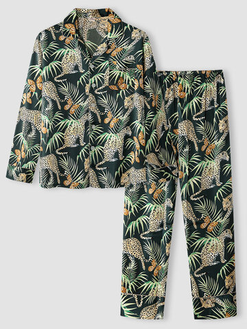 Faux Silk Leopard & Leaves Print Pajama