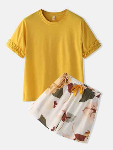 Print Pajamas Set With Plain Top