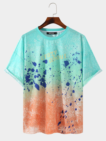 Men Gradual Color Splattered Splash Ink Letter Print T-shirt