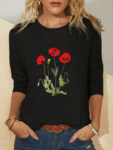 Flower Embroidery O-neck T-shirt