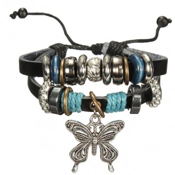 Leather Strap Beads Retro Multilayer Alloy Butterfly Bracelet