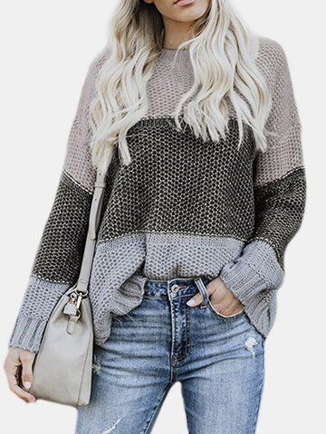 Women Contrast Color Patchwork Casual Sweater