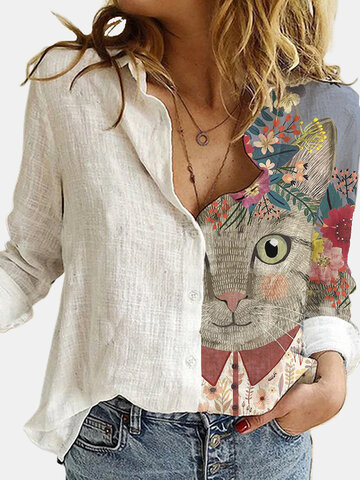 Blusa de lapela estampada de gato de desenho animado