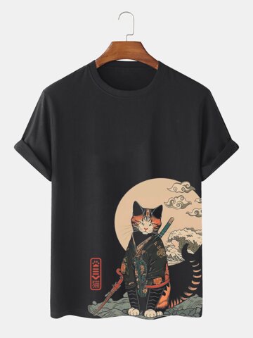 Japanese Wave Cat Print T-Shirts
