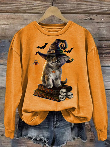 Halloween Cat Skull Print T-Shirt