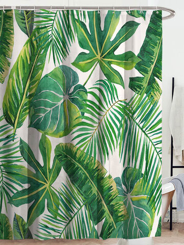 Green Tropical Plants Shower Curtain, Green Leaf Print Shower Curtain
