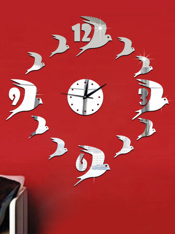 Diy Swallow Bird Crystal Acrylic Mirror Wall Clock Stereo Silent Quartz Clock Wall Sticker