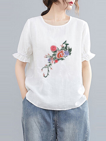 Flower Embroidery Cotton Ruffled Blouse