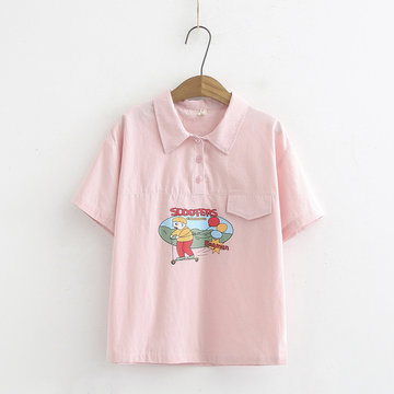 

Season New Collar Short-sleeved Shirt Female Students Wild Print Cute Foreign Girl Shirt Tide S27308
