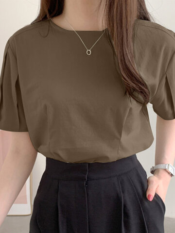 Solid Puff Sleeve Pleats Blouse