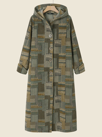 Tribal Pattern Hooded Button Coat