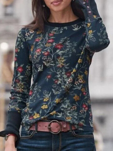 Vintage Calico Printed Long Sleeve O-neck Button T-shirt For Women