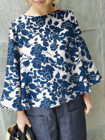 Блуза с расклешенными рукавами и принтом растений