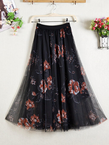 Calico Print Mesh Pleated Skirt
