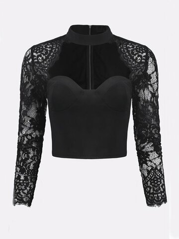 Sexy Lace Patchwork Bodycon Long Sleeve Women Crop Tops