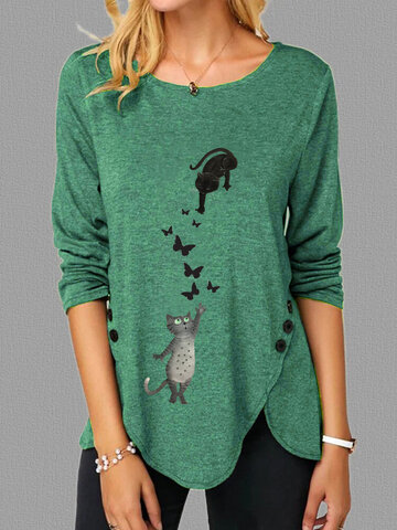 Cute Cat Butterflies Print T-shirt