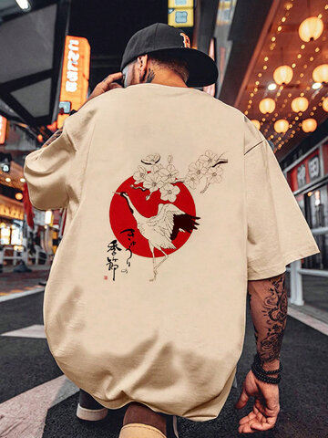 Japanese Crane Floral Print T-Shirts