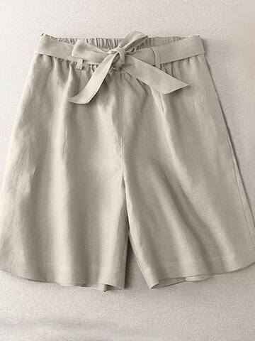 Solid Casual Wide Leg Shorts With Belt For Women 