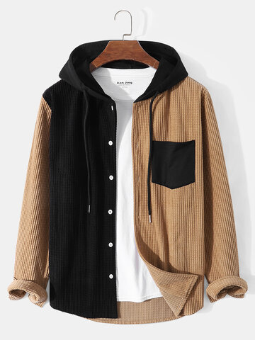 Corduroy Patchwork Hooded Shirts