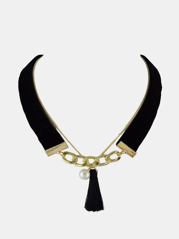 Collana multistrato bohémien Black Collana con colletto di perle in flanella con nappe