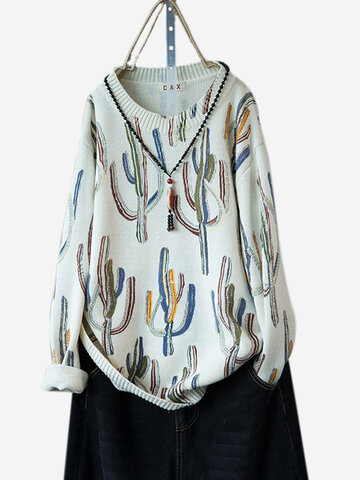 

Cactus Printed O-neck Long Sleeve Sweater, White