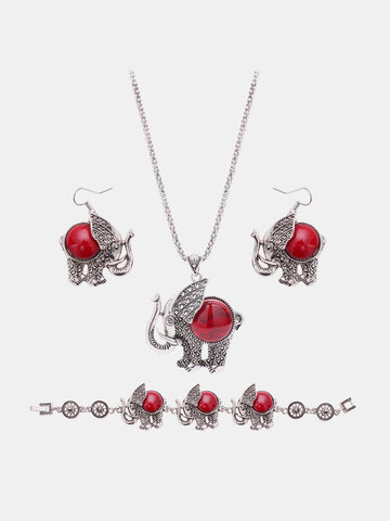 Rétro Bijoux ensemble Éléphant rond Turquoise Boucles d'oreilles Collier Set Bracelet [{} [}] Style: Jeu de bijoux d'éléphant