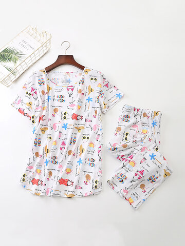 Cotton Letters Top With Tropical Print Panty Pajamas