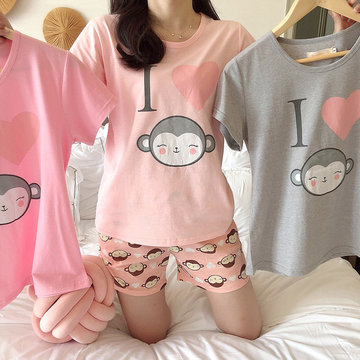

New Pajamas Women's Season Thin Section Cotton Short-sleeved Shorts Cute Two-piece Suit Home Service Girls Casual Sweet, [little monkey] shrimp [little monkey] pink [little monkey] gray