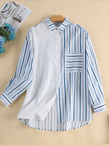 Striped Patchwork Lapel Cotton Shirt