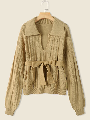 Cable Knit Solid Lapel Sweater
