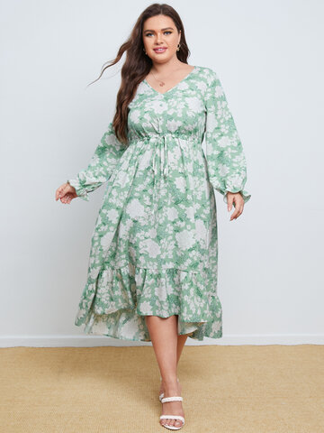 Plus Size Floral Print Button Design Drawstring Dress