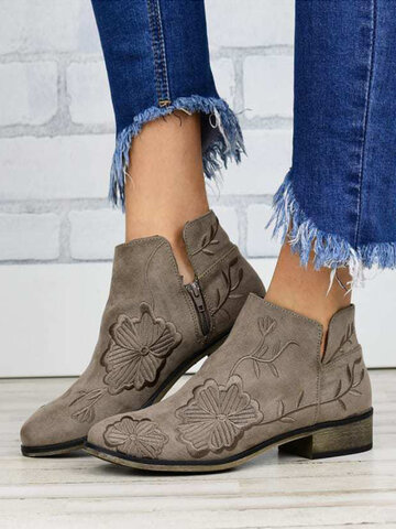 Side-zip Floral Embroidered Ankle Boots