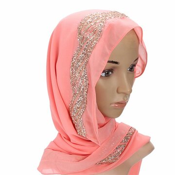 Women Muslim Sequin Lace Shawls Islamic Hijab Long Scarf Headwear