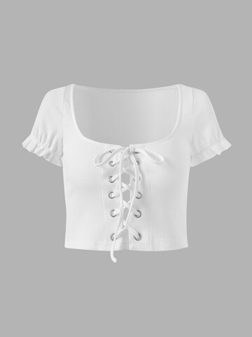Solid Lace Up Crop Top