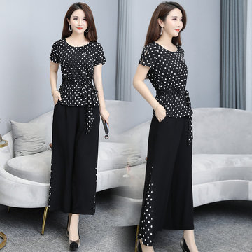 

Set Female Ladies, Small Fragrance, New Women's Polka Dot Top, Wide-leg Pants, Two-piece Suit
