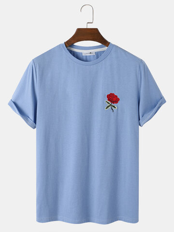 Rose Embroidery Blue T-Shirt