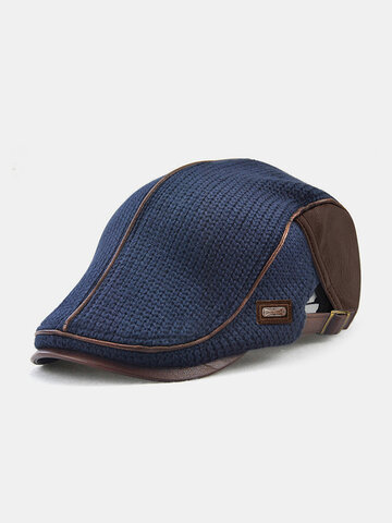 Men Knit Leather Patchwork Color Beret Hat
