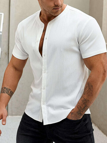 Solid Single Breasted Crew Neck Shirts