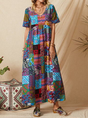 Ethnic Print Button Long Dress